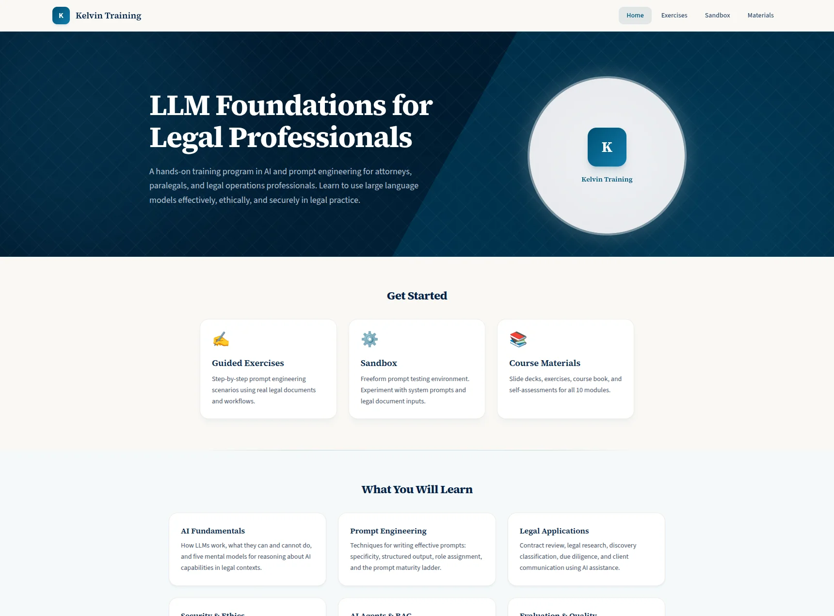 Kelvin Training Platform landing page showing quick-start cards and topic grid for AI training exercises