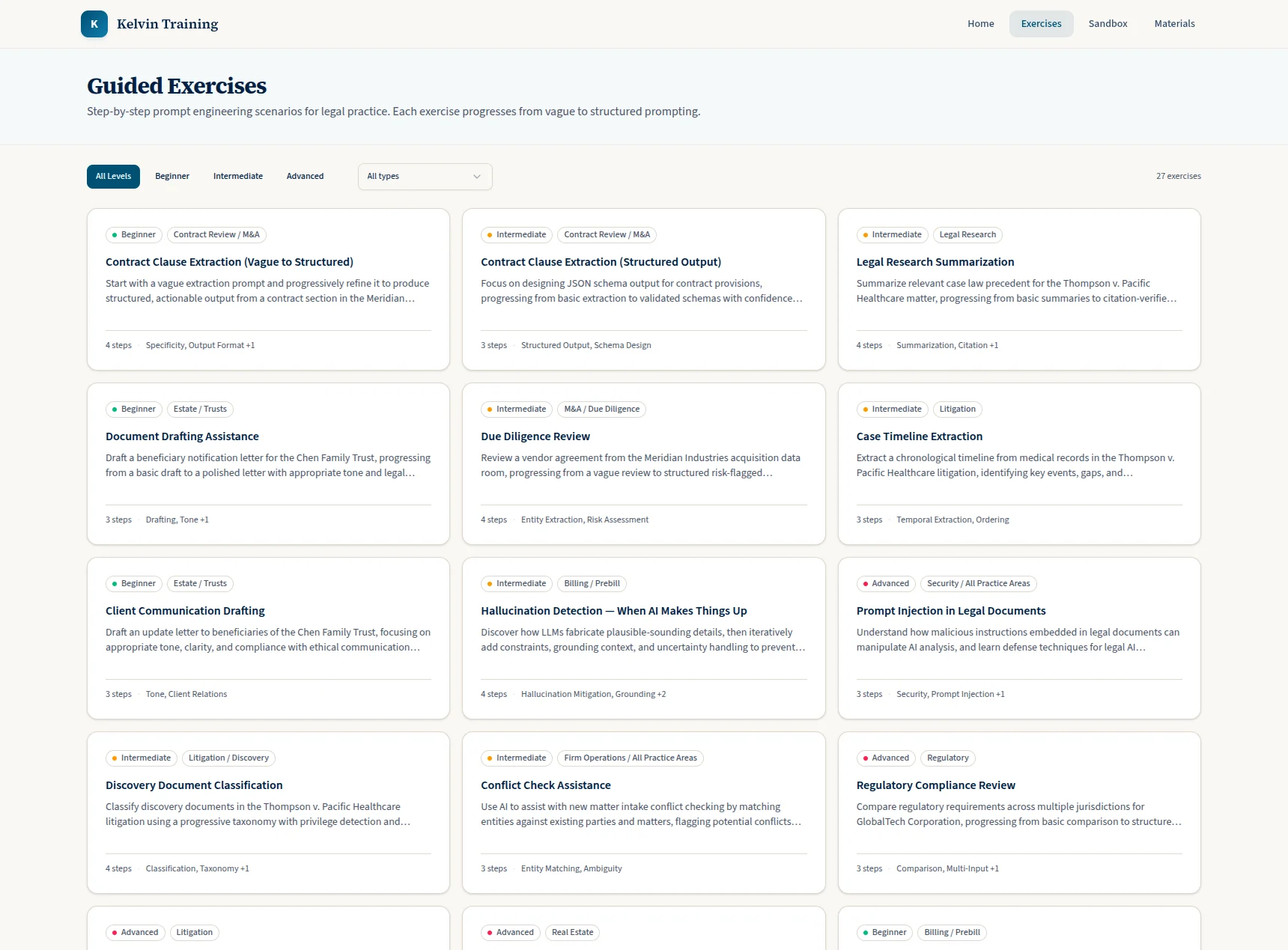Kelvin Training Platform exercises page showing a filterable grid of 27 guided exercise cards organized by legal practice area
