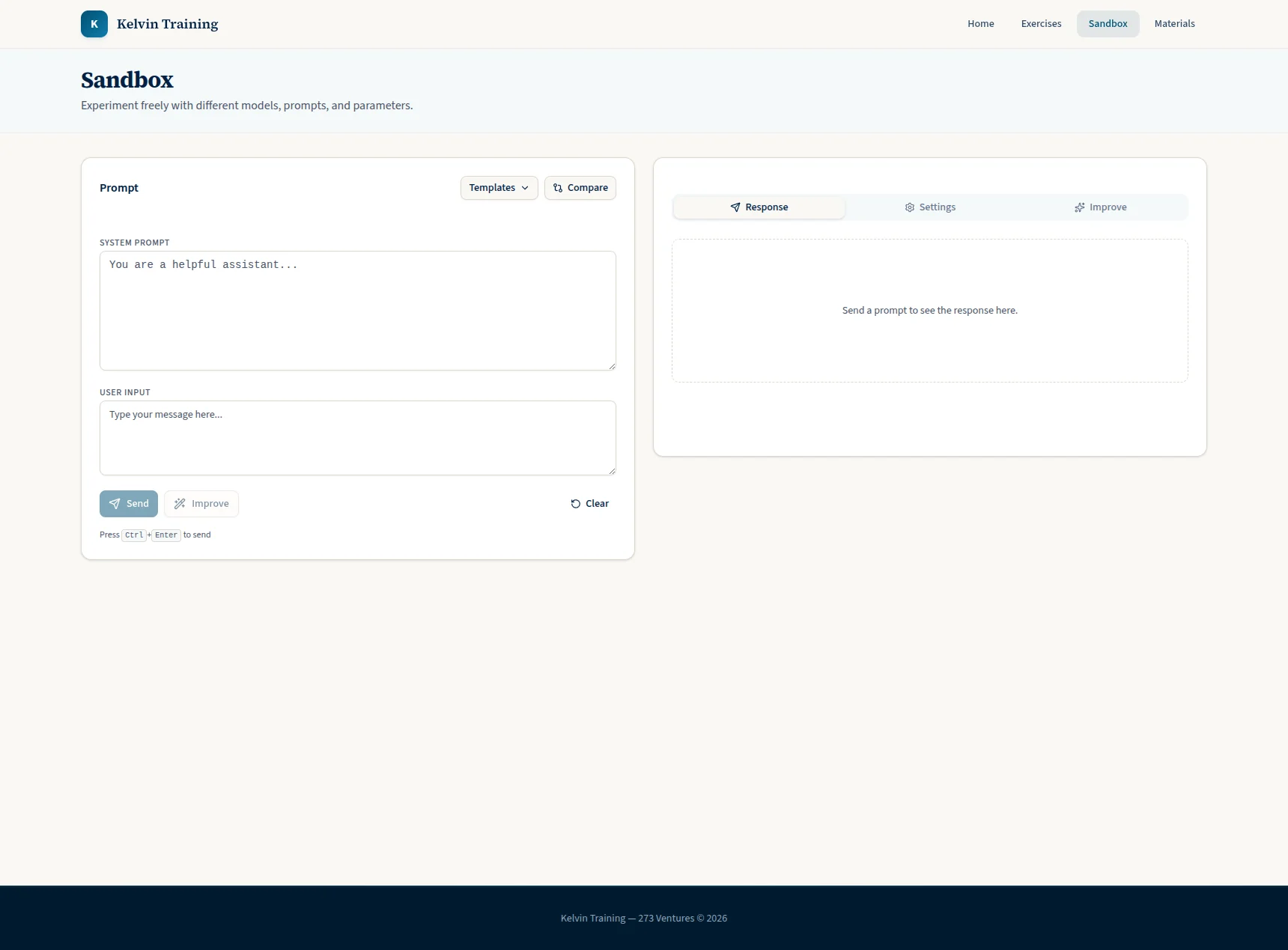 Kelvin Training Platform prompt sandbox with a free-form editor, model selector, and parameter controls for open-ended AI experimentation