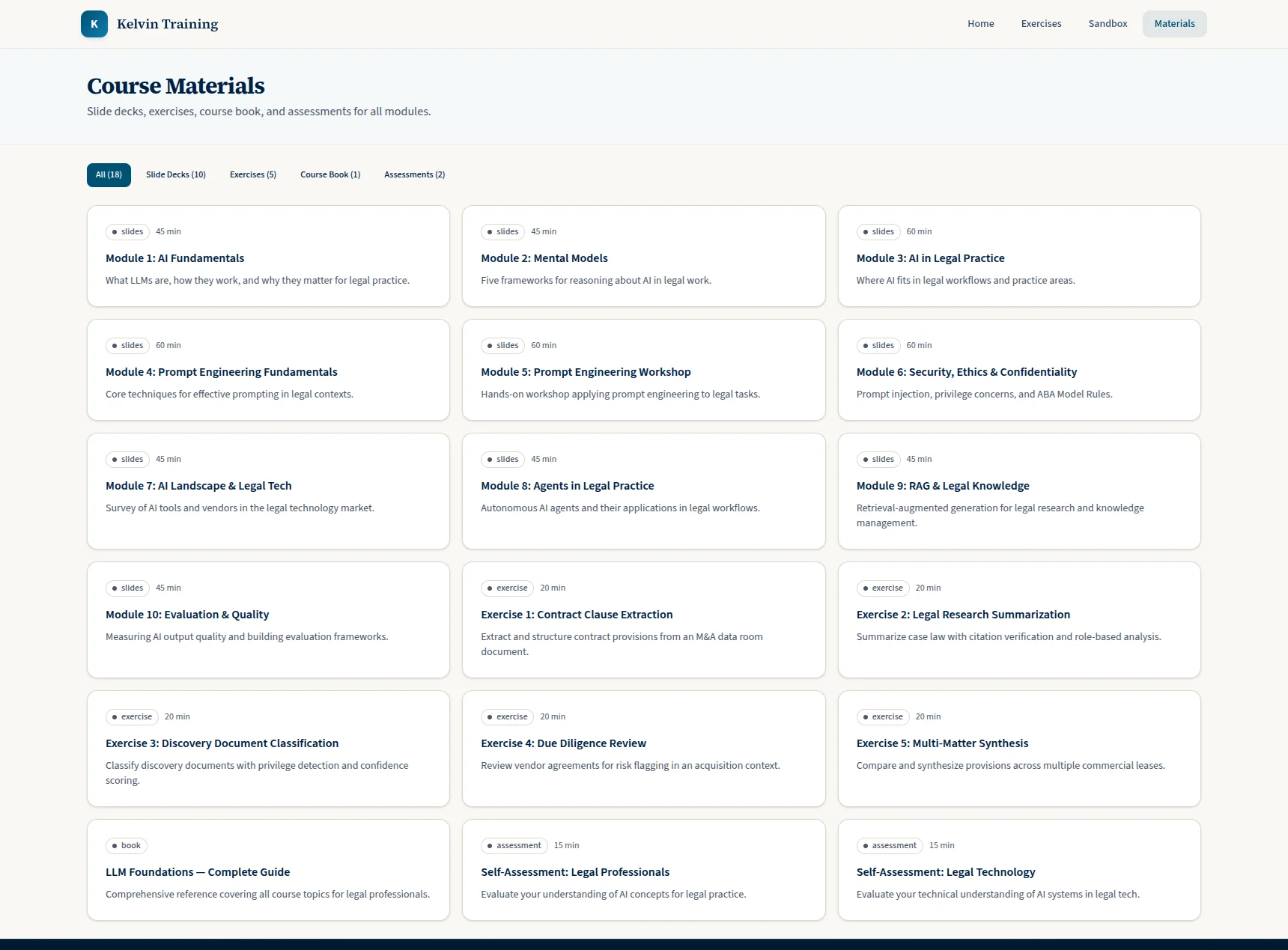 Kelvin Training Platform materials library showing a filterable grid of reference content cards organized by category